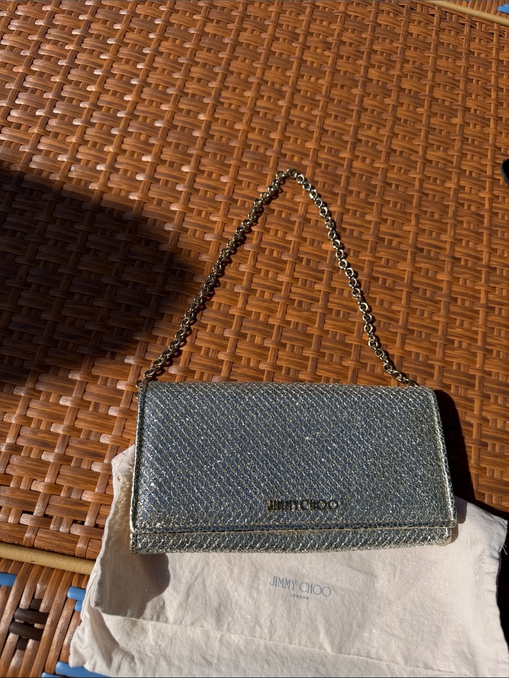 Jimmy Choo metallic glitter Snakeskin Embossed Chain Clutch